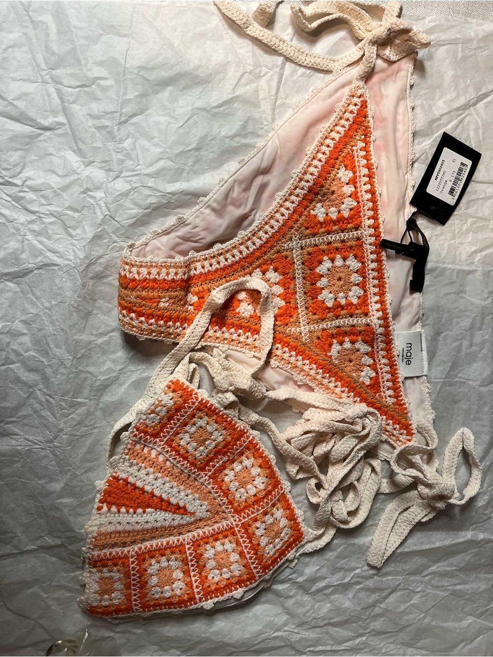 Maje Peach and White Crochet Tie-Side Bikini - Picture 3 of 5